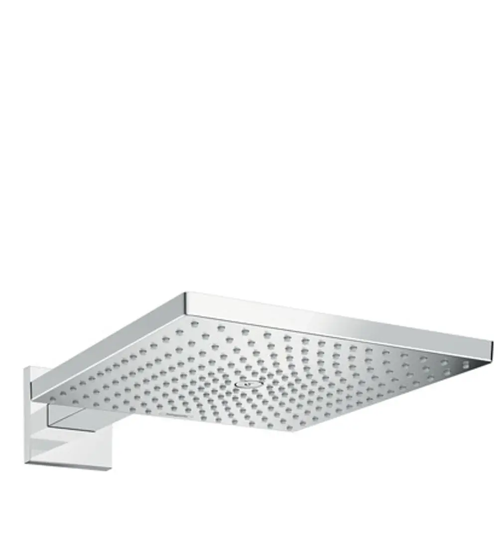 Eckige Kopfbrause in Chromfinish mit mehreren Wasseröffnungen. Die Brause ist an einem Wandarm montiert. Produkt von Hansgrohe, geeignet für moderne Badezimmer.